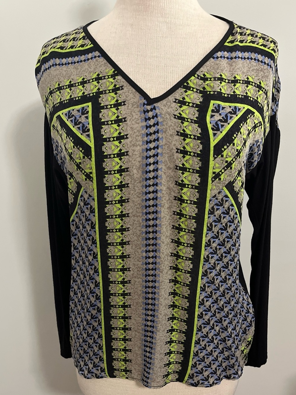 Hale Bob Silk Mixed Media V-Neck Long Sleeve Top